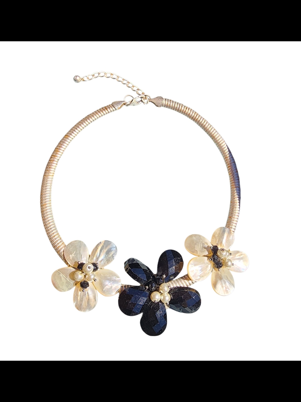 Silver Floral Statement Necklace with Black & Pearl Flowers. Stone And Pearls.